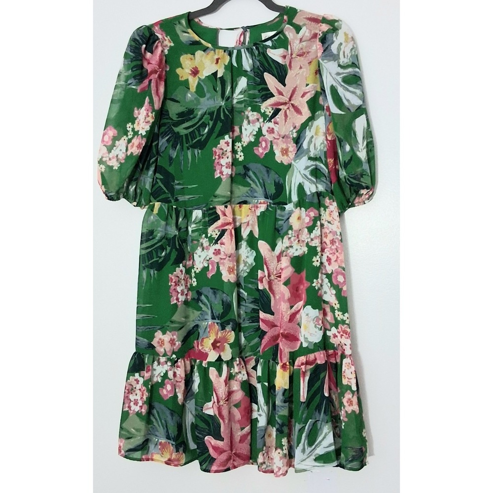 Eliza J Dress Womens Size 4 Green Floral Keyhole Tie Neck Tiered Puff Sleeve NEW